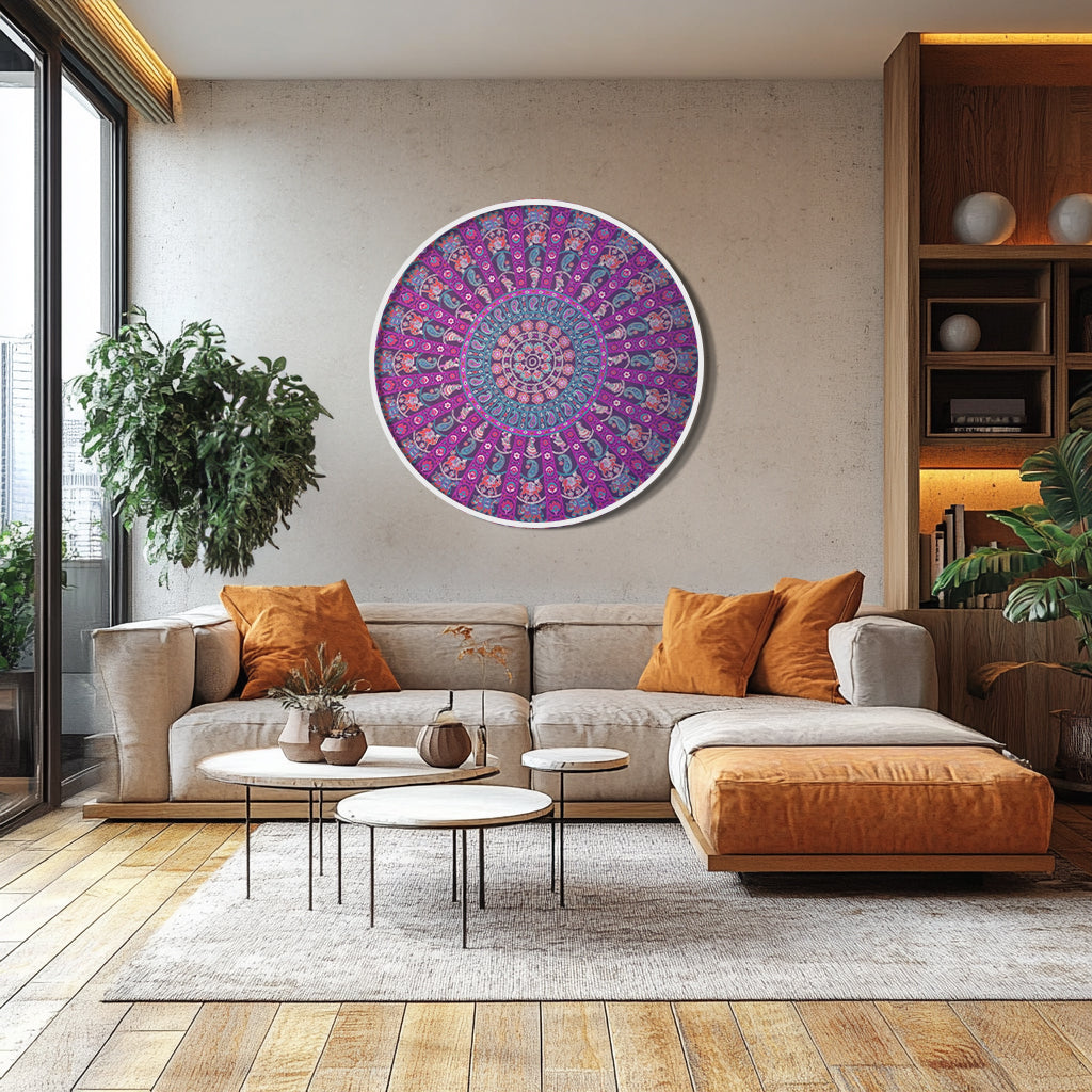 Mandala B Beige framed in 24in round wooden frame by Gonz.Art
