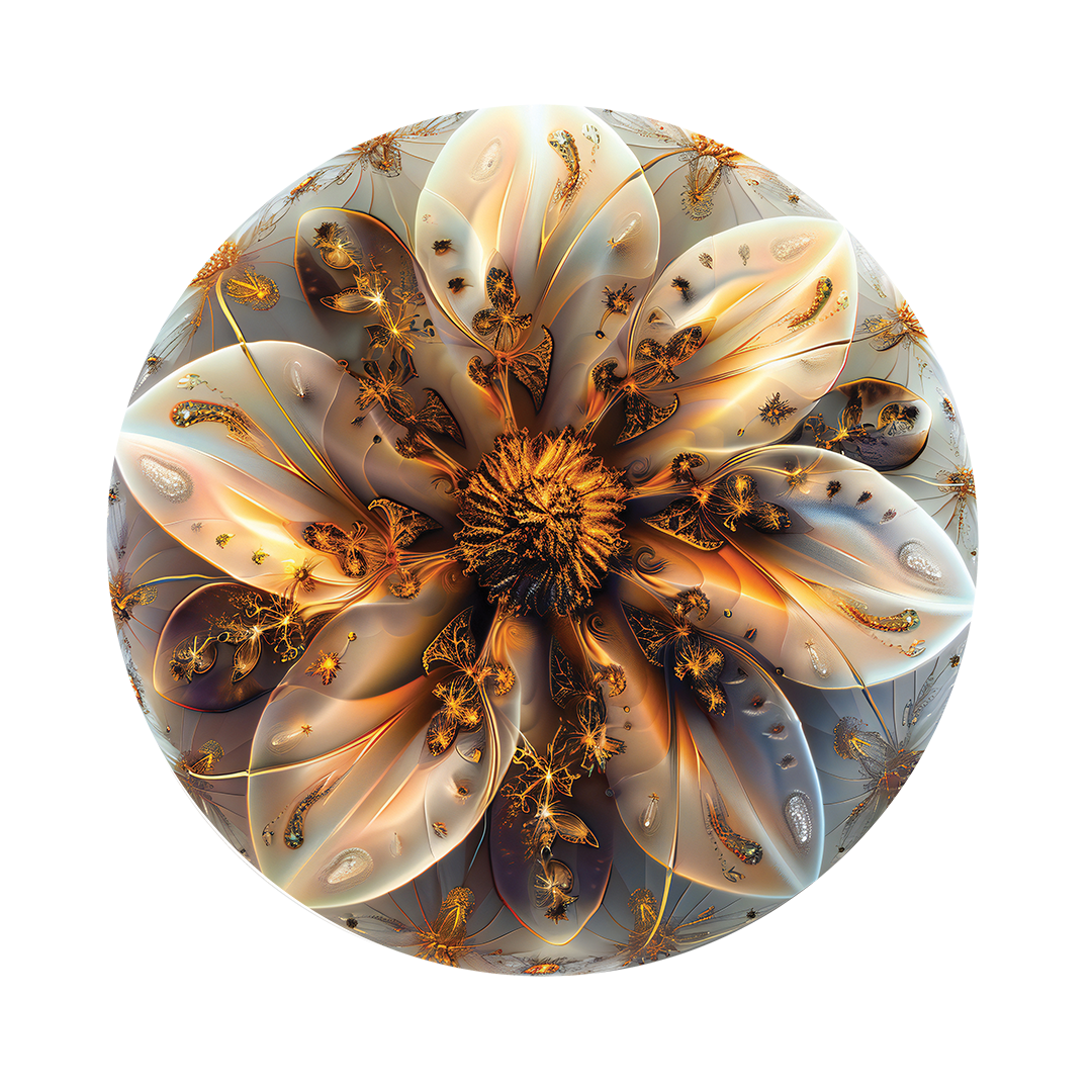 Golden Flower framed in 24in round wooden frame