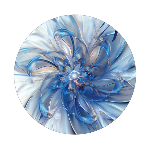 Silver and Blue Floral framed in 24in round wooden frame