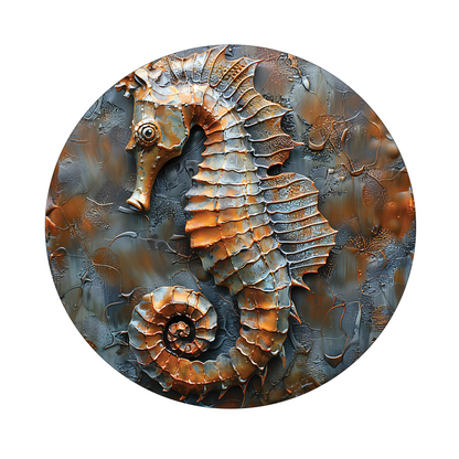 Seahorse framed in 24in round wooden frame