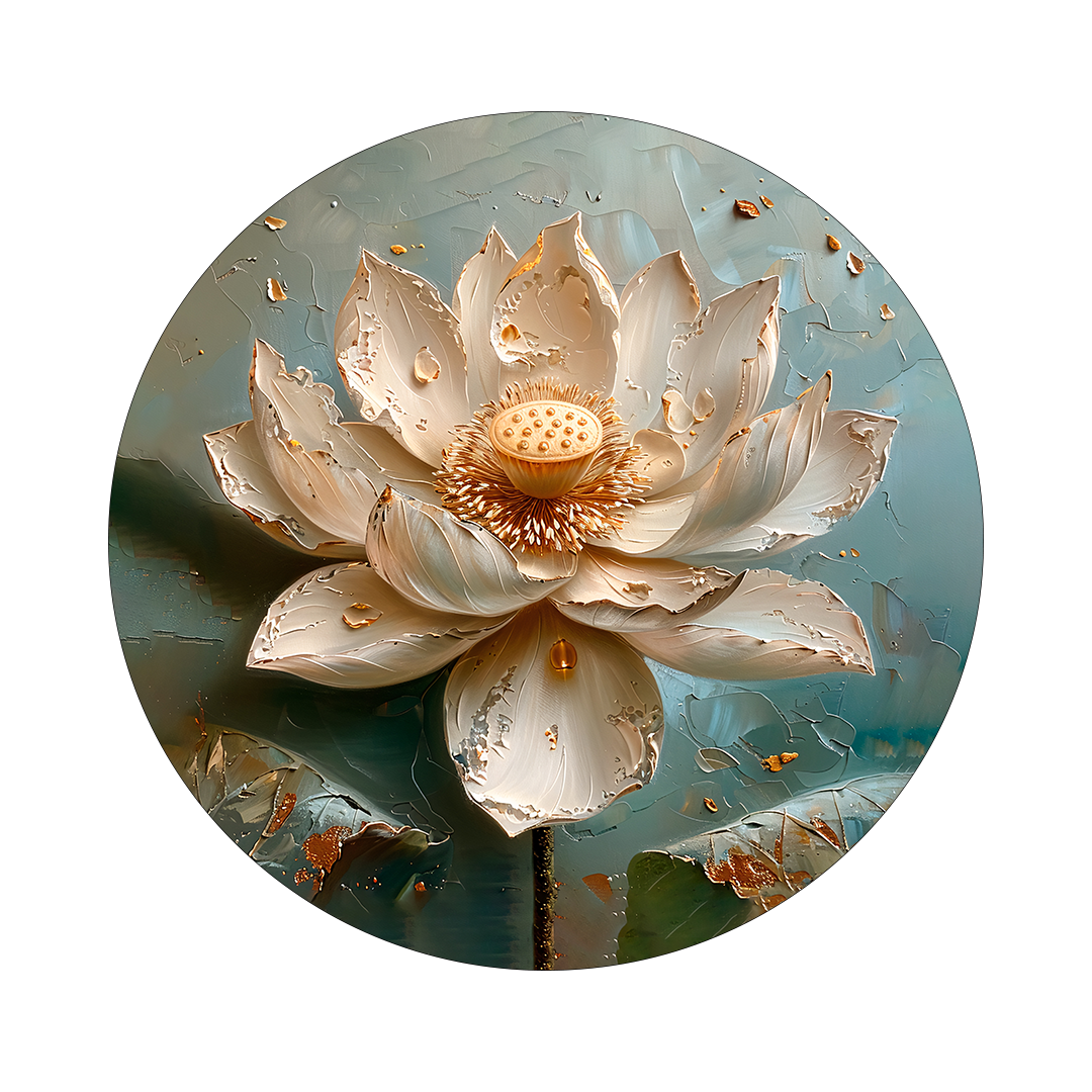 Lotus framed in 12in round wooden frame