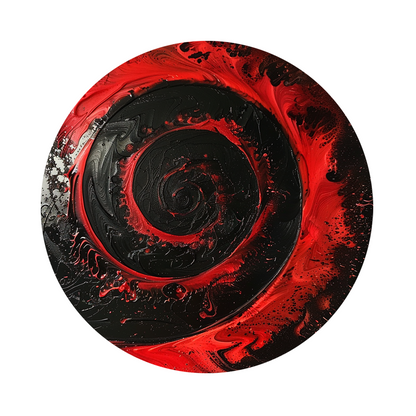 Crimson spiral framed in 24in round wooden frame